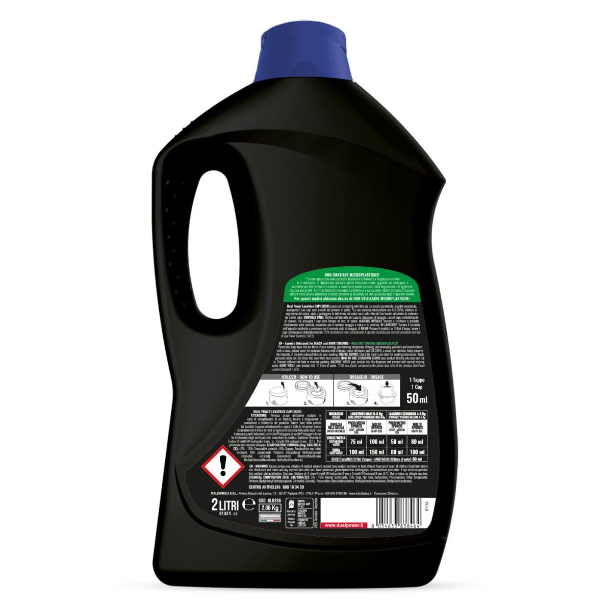 6 X Dual Power Detersivo Lavatrice Capi Scuri - Detersivo liquido per indumenti scuri - 40 lavaggi 2 litri + Beni Culinari Portachiavi gratuito
