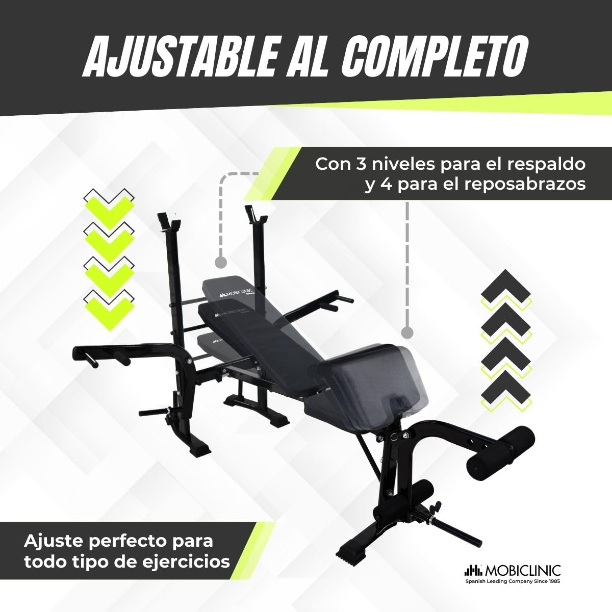 Mobiclinic® fitness, Banco de musculación multifuncional, Pressfit, Ajustable, Plegable, Acero, Soporta hasta 250 kg, Soporte para barras, Ideal ejercicios fuerza en casa
