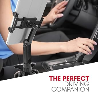 Macally Cup Holder Tablet Mount - Heavy Duty iPad Cup Holder Car Mount Stand or Tablet Holder for Car, Truck, and Vehicle - Fits Devices 3.5 - 8 Wide with Case - Adjustable iPad Holder for Car