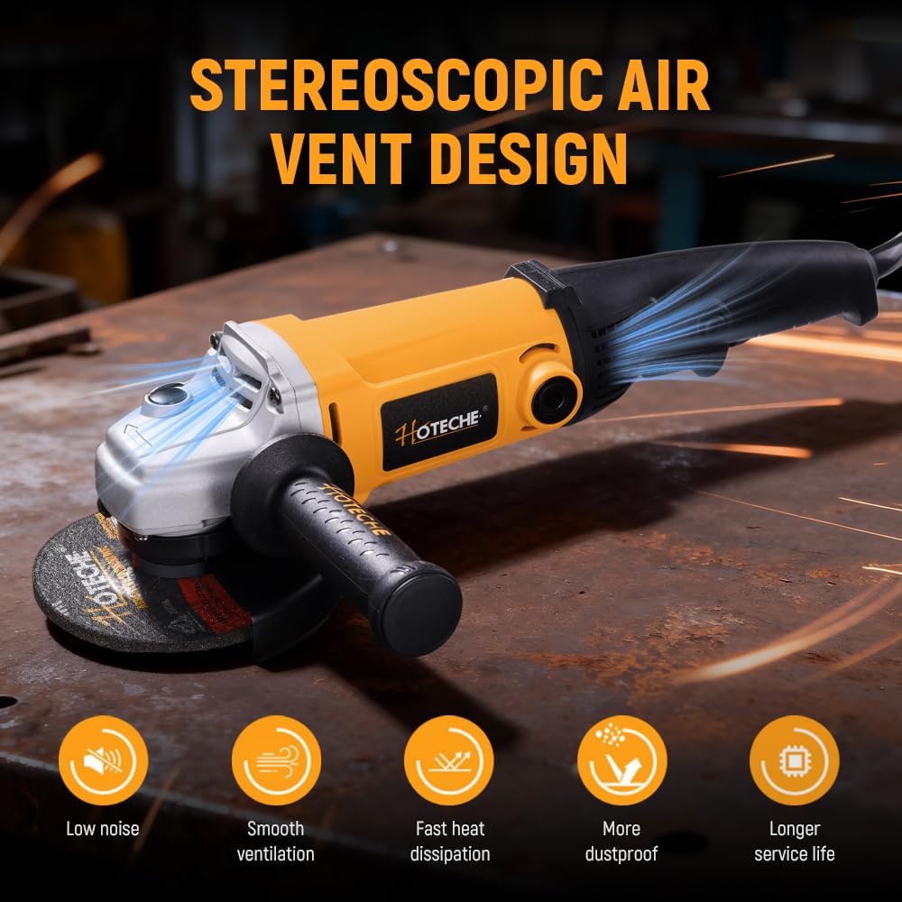 Hoteche 1200W Angle Grinder, 125mm Grinder with 9000rpm, Yellow, Color Box Packaging