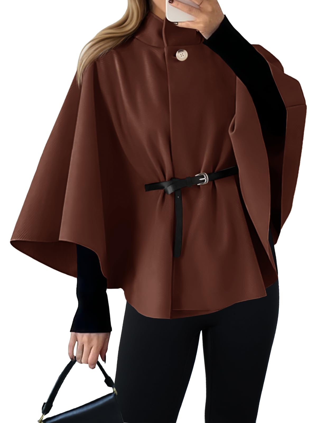 Womens Batwing Sleeve Poncho Pea Coats Oversized Belted Trendy Casual Stand Collar Cloak Cape Coats