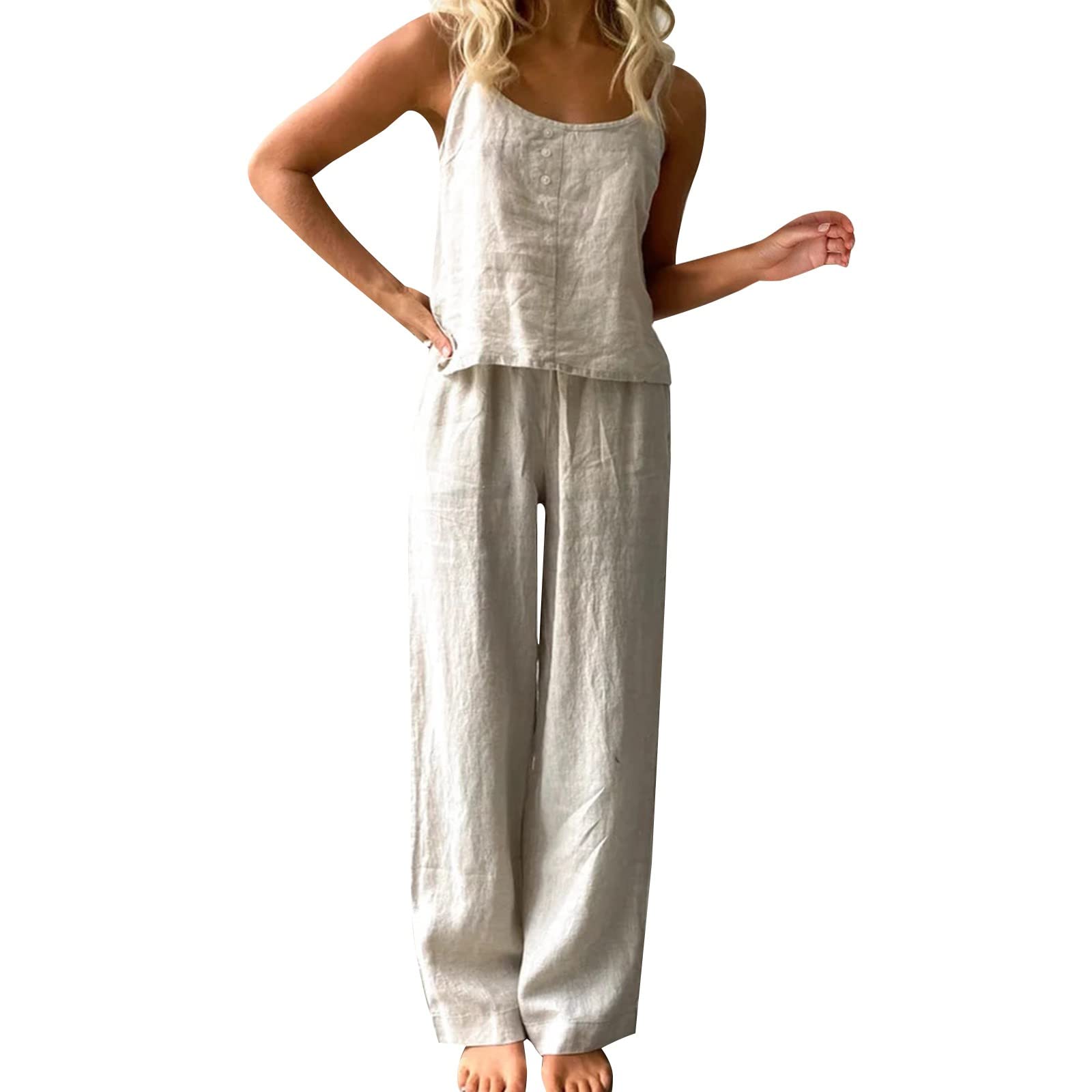 Conjunto de ropa de algodón y lino para mujer, camiseta y pantalones