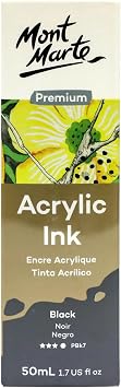 Mont Marte Acrylic Ink Premium 50ml - Black, Acrylic Inks for Artists, Fluoro Colors, Ideal for Air Brush, Pouring Art, Scrapbooking, Ink Drawing, Mixed Media