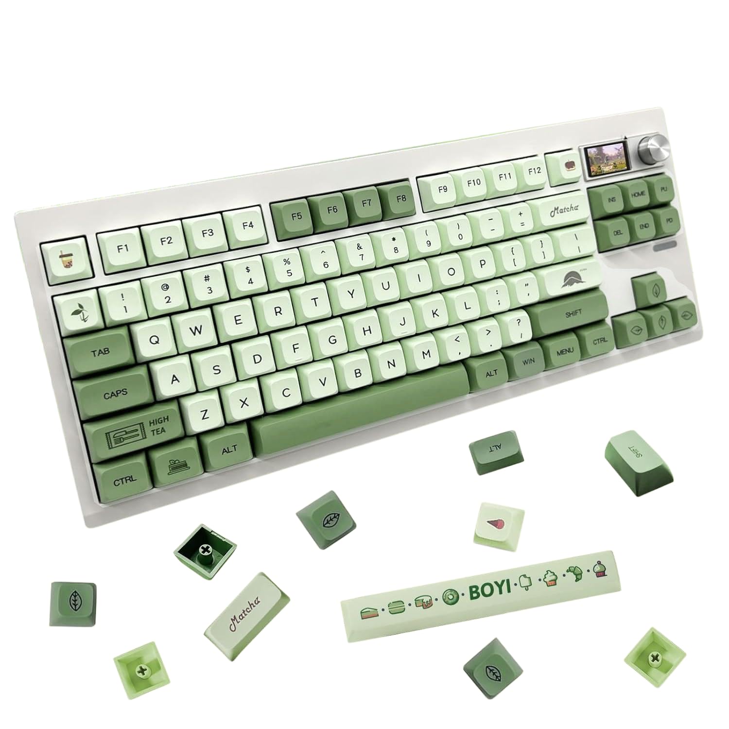 BOYI Matcha Custom Keycaps,PBT Dye-Sublimated XDA Profile Matcha English keycap Set for ANSI Layout 61/64/68/71/82/84/87/96/104/108 Keys Mechanical Keyboard Matcha keycaps(Matcha 124 Keycaps)