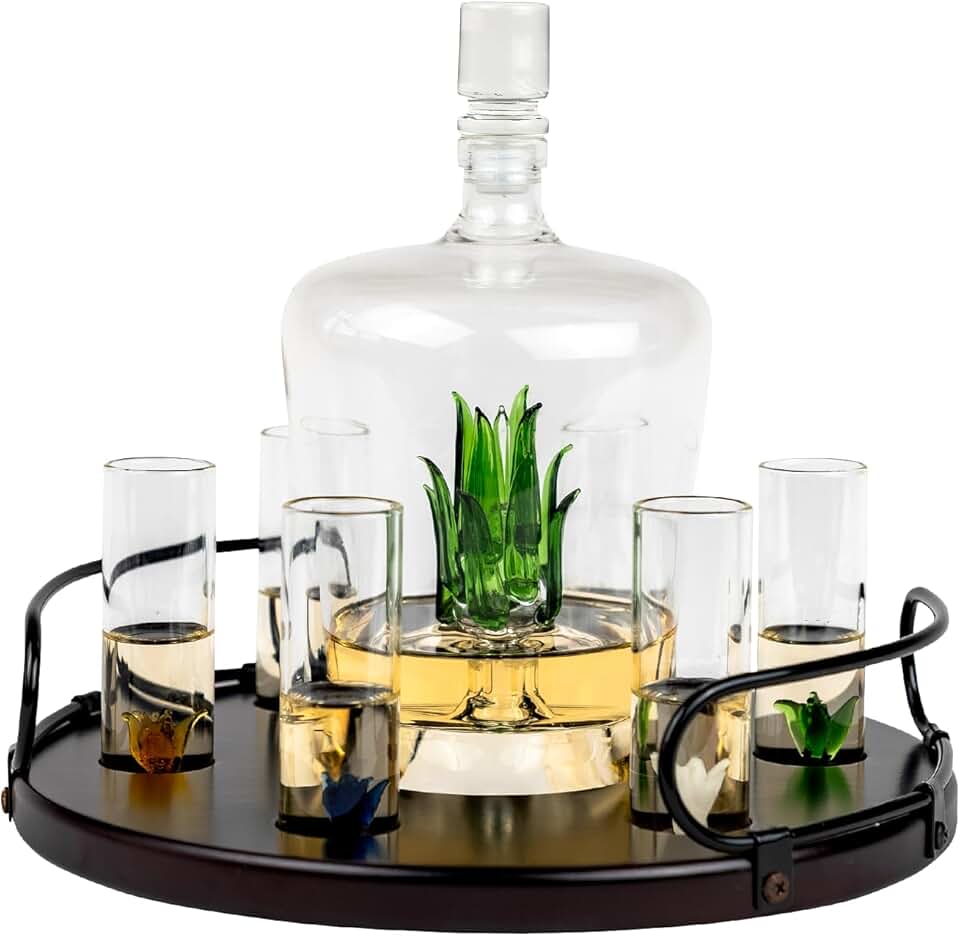 Tequila Decanter Tequila Glasses Set with Agave Decanter and 6 Agave Shot Glass With Stand, Perfect for Gifts for Tequila Lovers, 750mL Bottle, 3 OZ Shot Glass Party Decorations Cinco De Mayo (Agave)