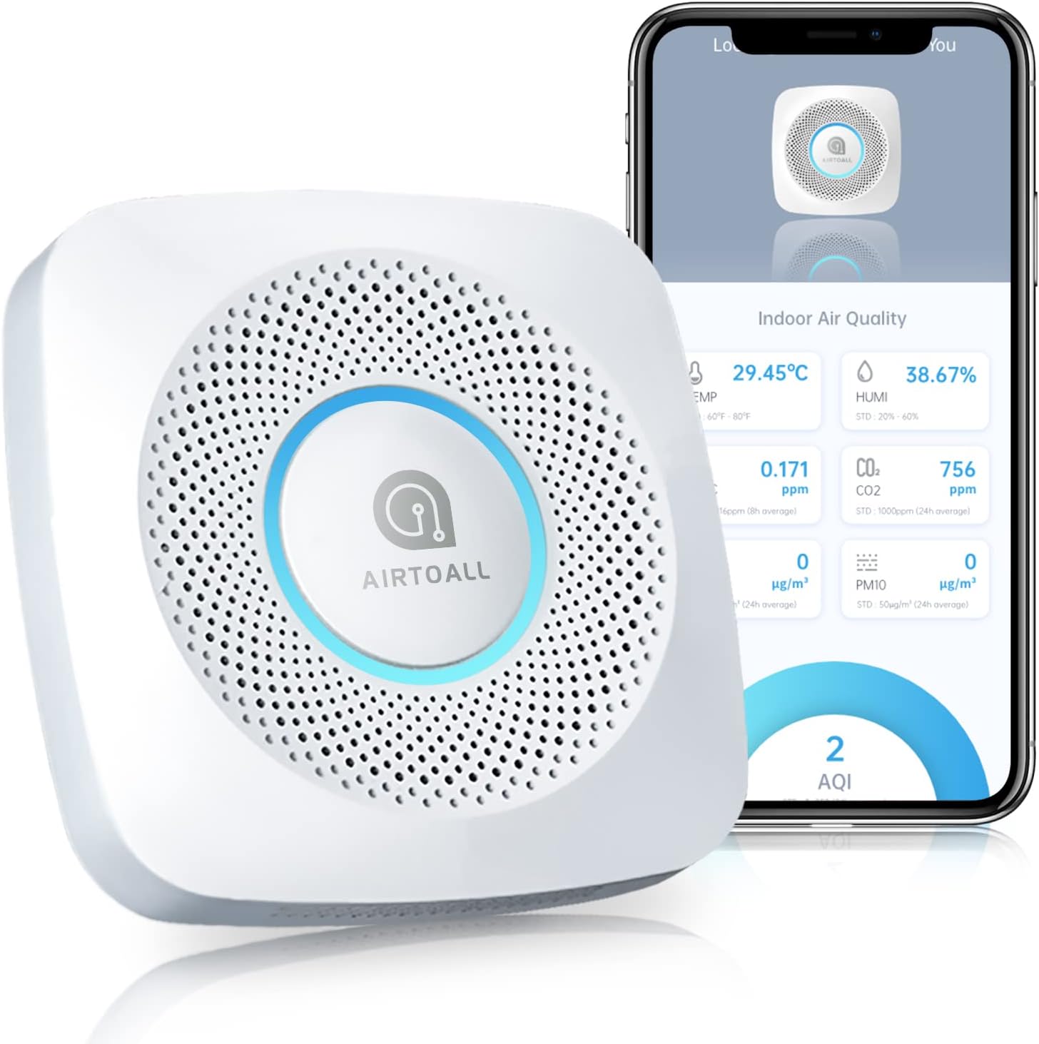 AIRTOALL Air Quality Monitor (CO2, VOC, Humidity, Temp, Pressure)