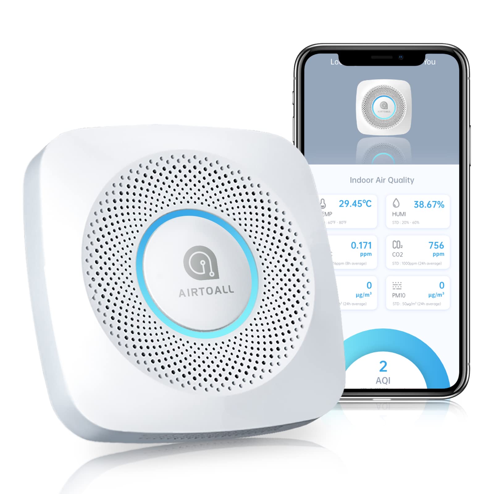 AIRTOALL Air Quality Monitor (CO2, VOC, Humidity, Temp, Pressure)