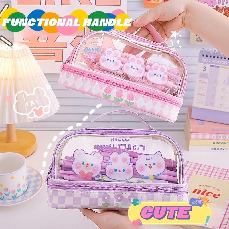 Image of Bunny Pencil Pouch w /Handle Rabbit Kitten Bear Puppy Pen Case Cosmetic Bag Clear Case Transparent Waterproof (Hello-Purple)