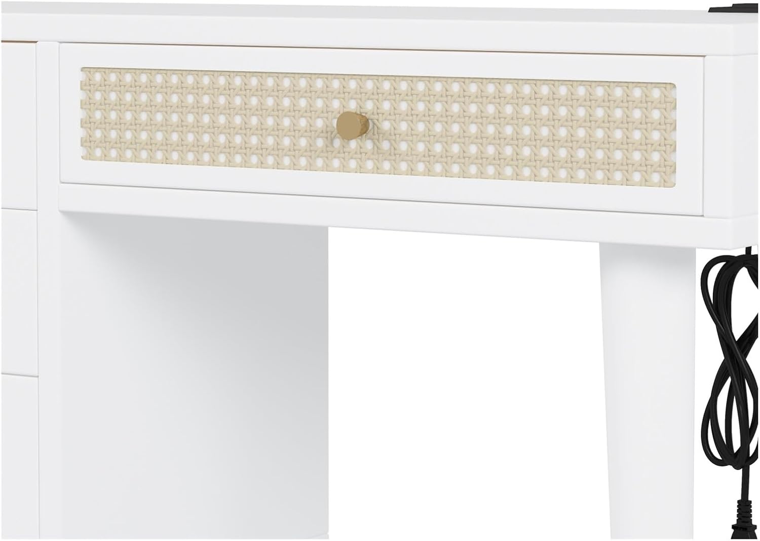 39" Retro Bohemian Style Wooden Makeup Vanity Set with Charging Plug&USB Port and Stool, Dressing Table 3 Storage Drawers 1 Rectangular Rattan Drawer, White Gift for Women