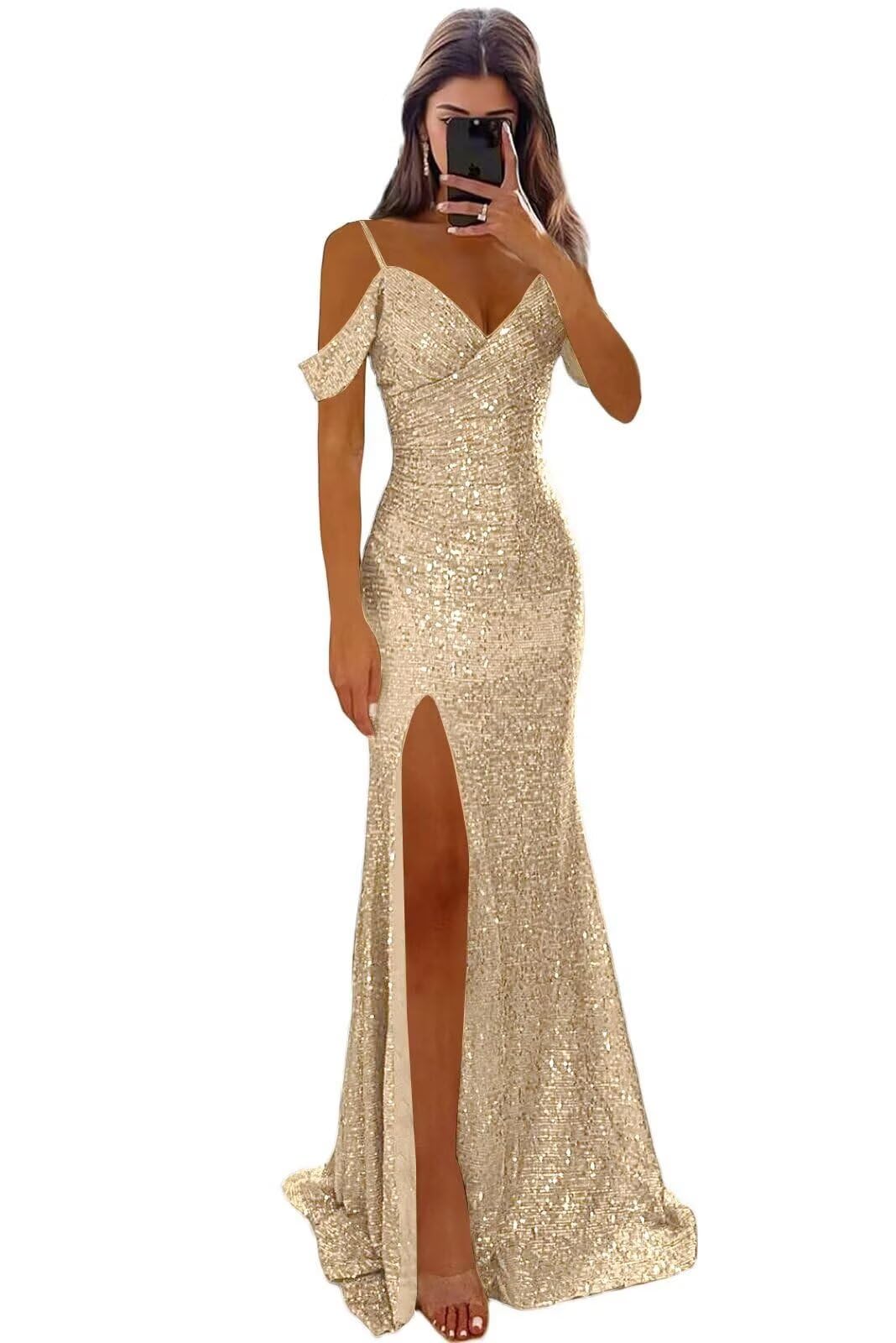 DVBTRGN Women's Mermaid Sequin Prom Dresses Long Off Shoulder Sparkly Formal Evening Party Gowns