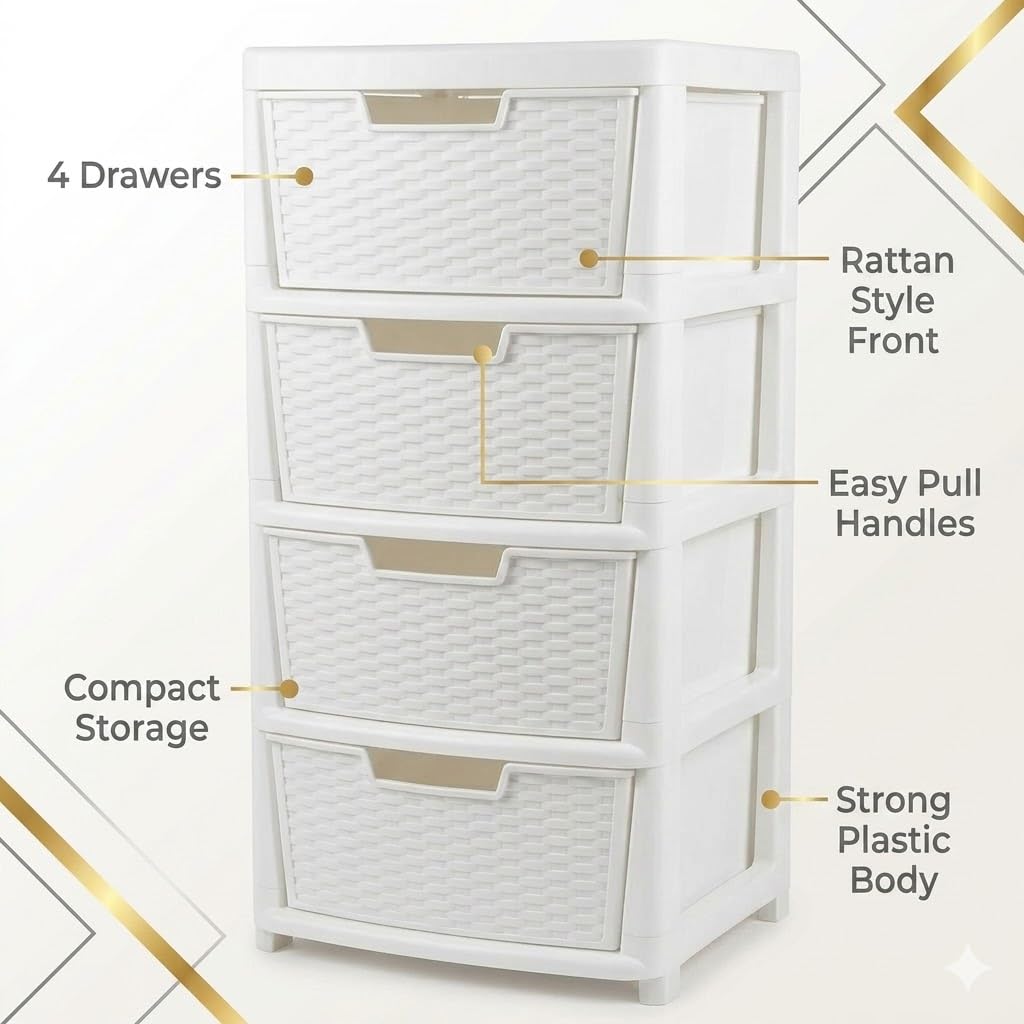 Kaanco Large Plastic Storage Drawers Rattan Effect Storage Unit Tower Space Saving Plastic Drawers for Bedroom Office Kitchen Laundry Bathroom Clothes Toy Home Organisation (4 Tier Rattan White) - Image 3