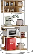 EGGREE Kitchen Shelf with Electric Sockets 40 x 80 x 181.5 cm, Adjustable Storage Shelf for Pastry Shelf, Fabric Drawer, 10 Hooks, Kitchen Storage, Wood Texture – White
