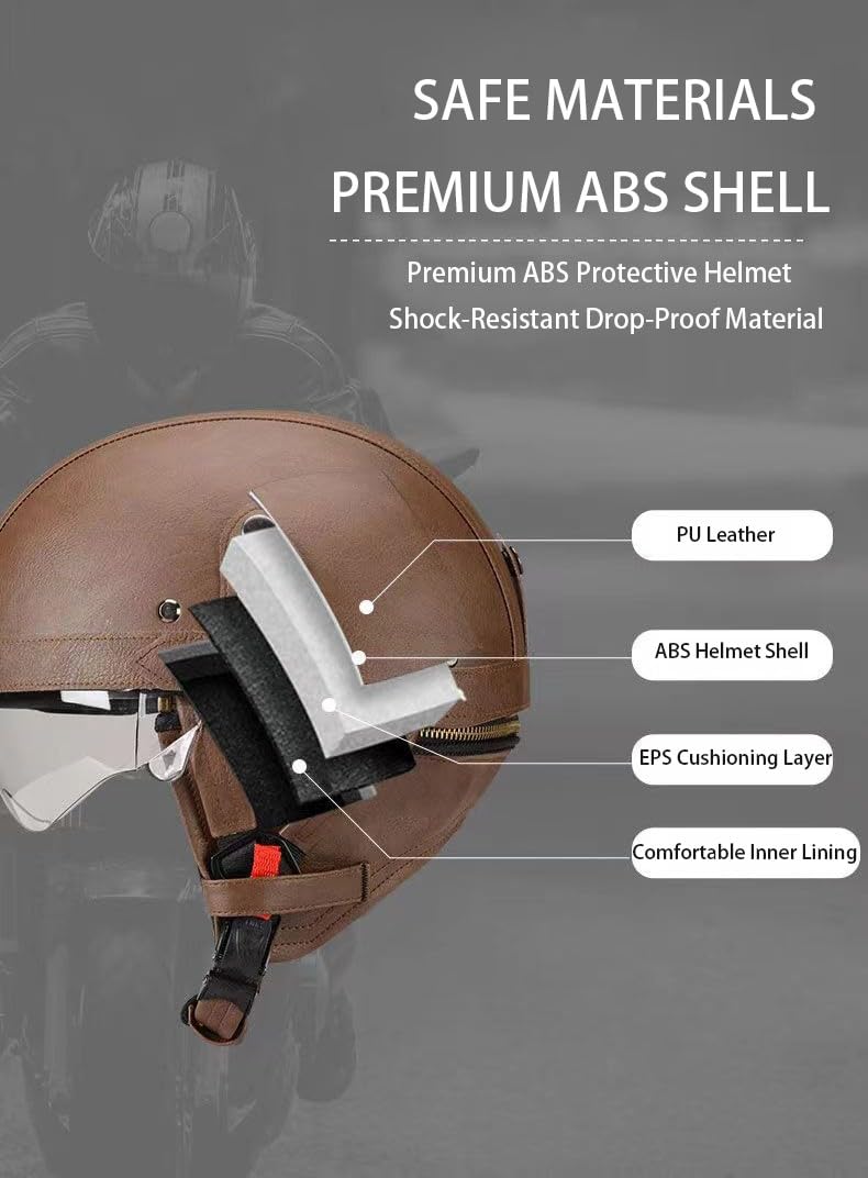 Retro Motorrad Halbhelme Leder Halbhelm, Halbschalenhelm Mit ECE, Deutscher Leder-Motorrad Halbhelm Mit Schutzbrille Visier, Für Moped Fahrrad Cruiser Scooter Chopper L,M (57-58CM)