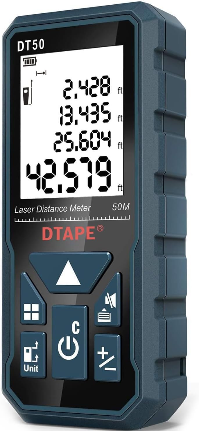 Laser Measuring Tool 165ft, DTAPE Laser Measure, High Accuracy Digital Laser Tape Measure, Portable Laser Distance Meter, Backlit LCD Display, in/Ft/Ft+in/M Units, Distance/Area/Volume/Pythagorean