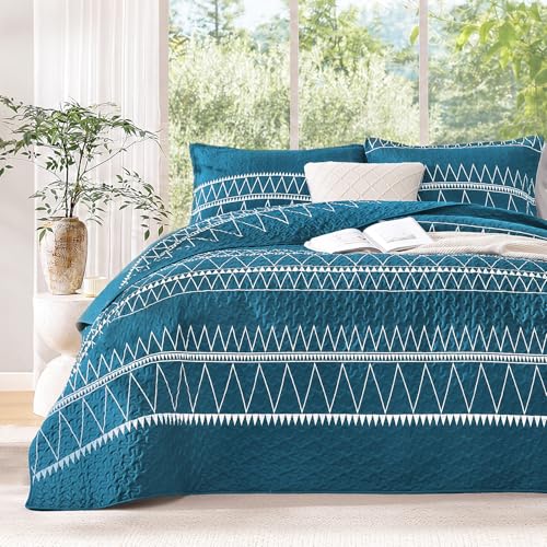 Image of Andency Teal Quilts Queen Size, 3 Pieces Queen Quilt Bedding Set Boho Lightweight Soft Striped Bedspread for All Season (90 inchx96 inch), Printed Bohemian Polyester Reversible Coverlet Comoforter Sets