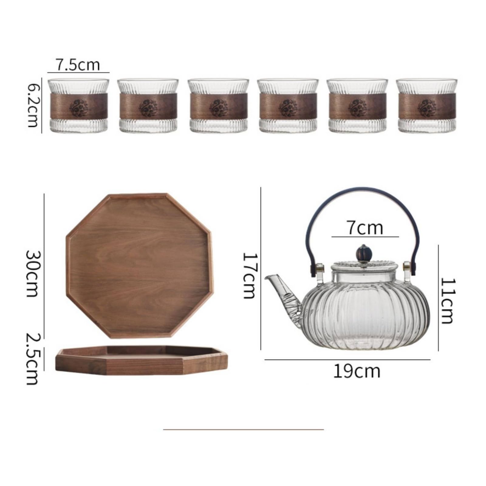 Teeset aus transparent Teeservice mit Kanne und Tassen tropf Tasse für Teeliebhaber, 1 Kanne, 6 Tassen, 1 Tablett, Hochwertig