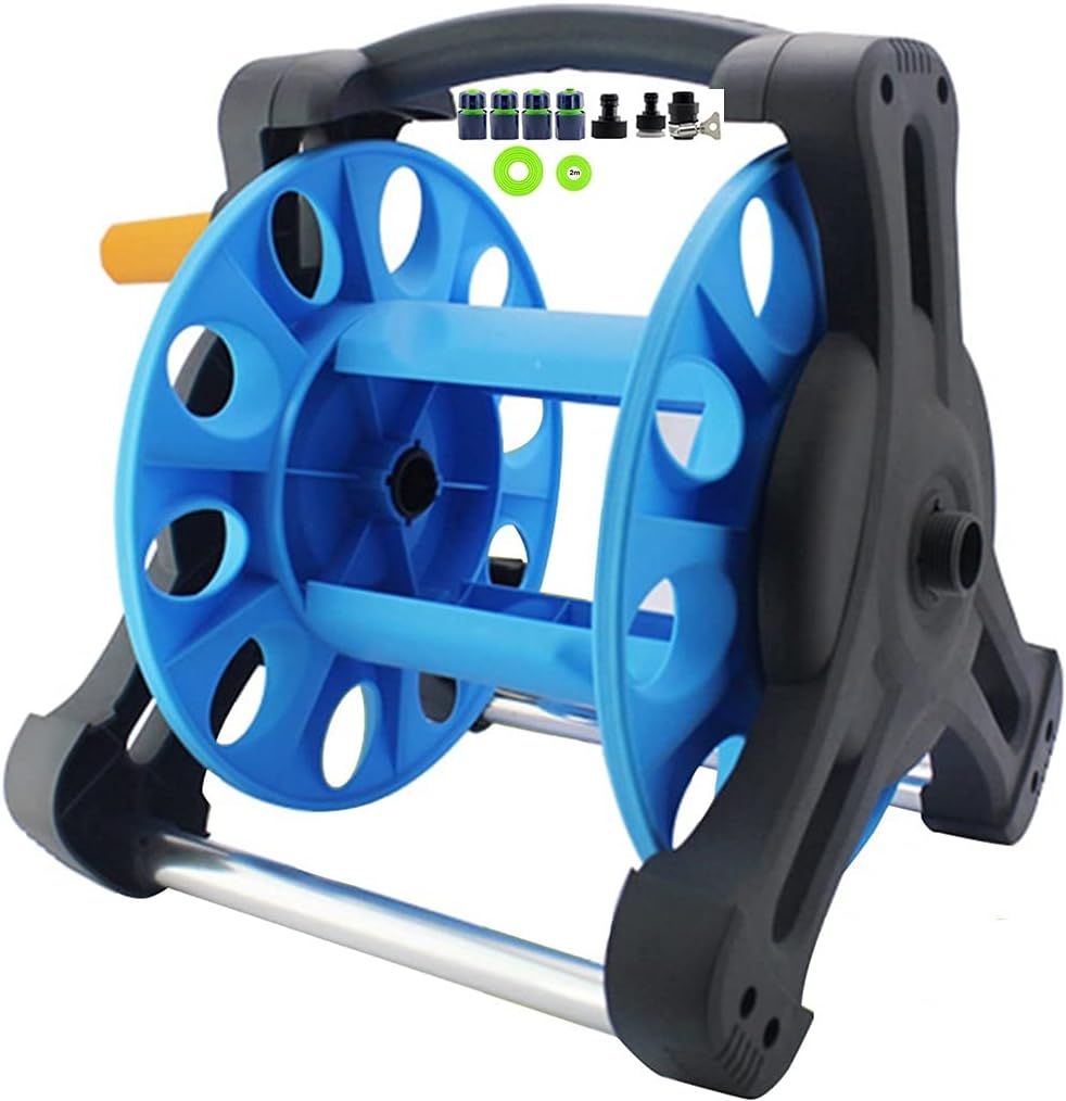 Garden Hose Reel Cart Household Small Clean Water Pipe Storage Rack Outdoor Portable Hose Holder with Water Pipe (Color : Blue Size : +DN15 10m Pipe B) (Blue +DN15 10m Pipe A)
