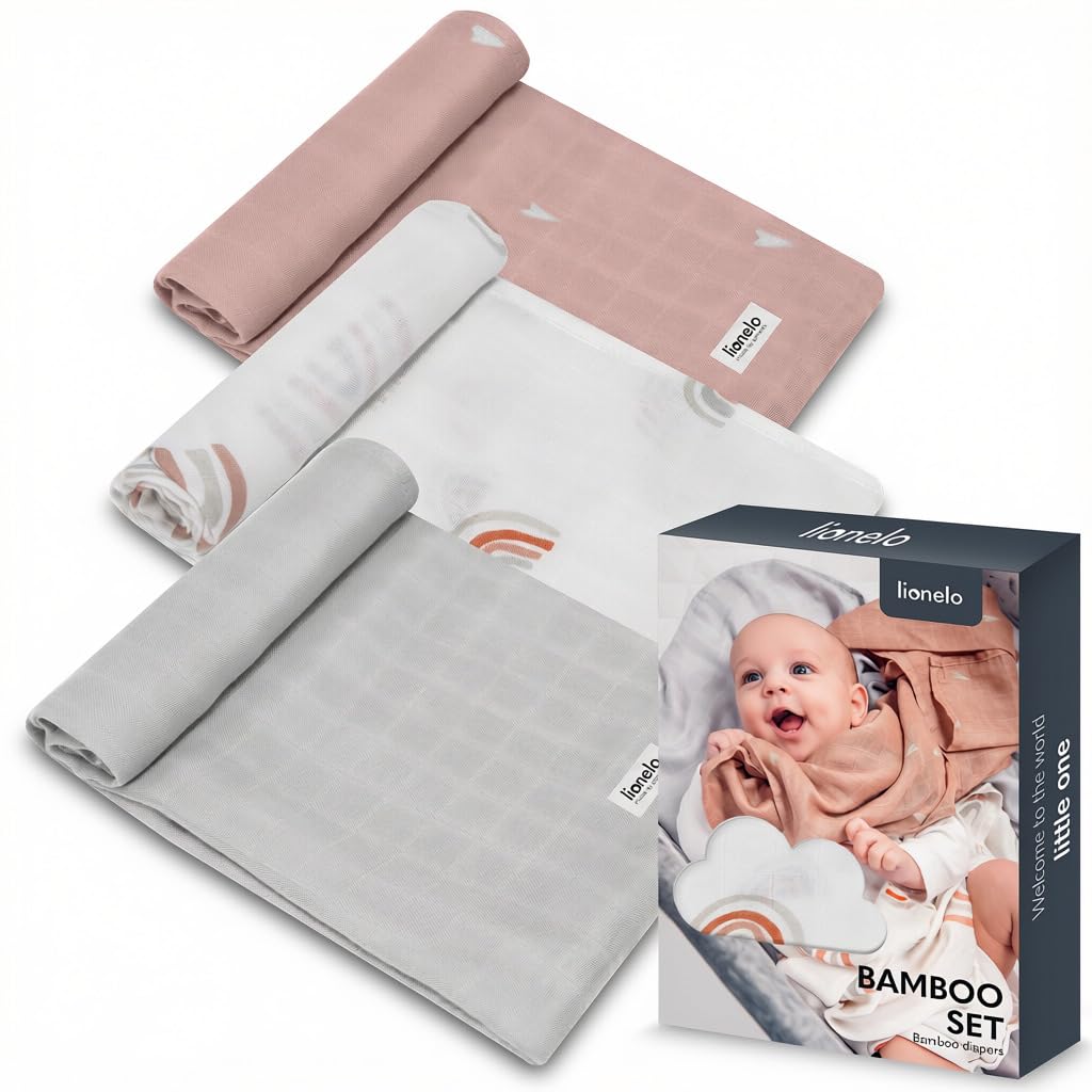 LIONELO Bamboo Set of 3 Natural Bamboo Cotton Swaddle Blankets 70 x 70 cm from the First Day of Life, Antibacterial, Antifungal, Hygroscopic Baby Swaddle, Soft, Soft