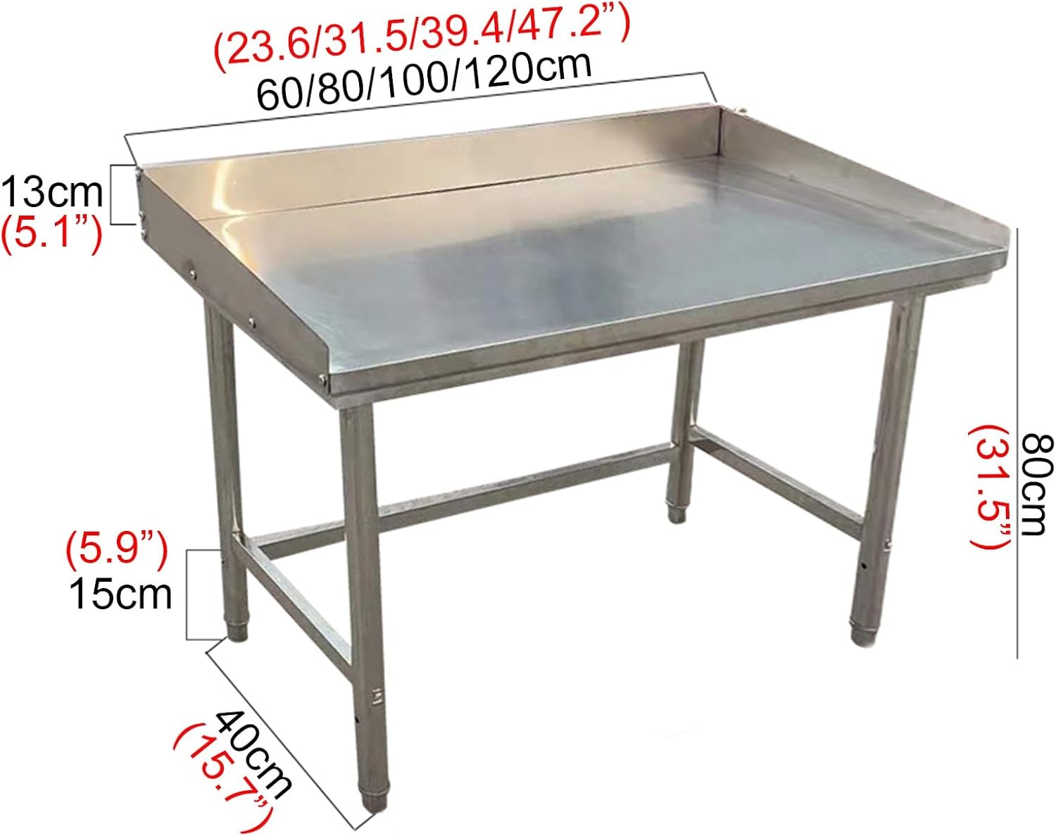 Workbench with Three-Sided Guardrails Stainless Steel Kitchen Cutting Board Countertop Adjustable Feet Worktable Reinforced with Pull-Down Rods(60x40x80cm/23.6x15.7x31.5”)