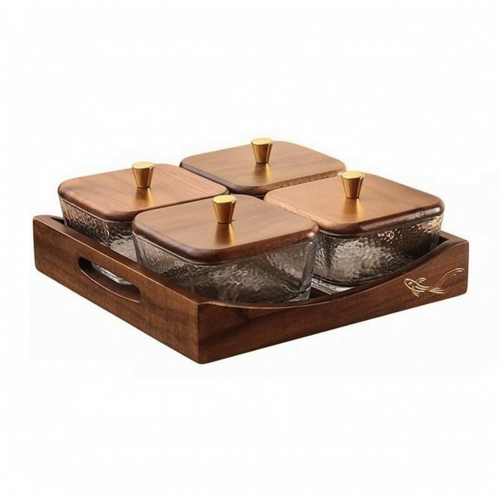 Plateau à Collation avec Coupelles Verre, Style Chinois Rétro, Plateau Rectangulaire À Quatre Compartiments Carrés Avec Coupelle En Verre Et Couvercles En Bois, color to 2