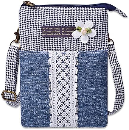 Melofo Canvas Cell Phone Purse Wallet Crossbody Handbags Pastoral Style and White Lace Flowers, Houndstooth Pattern, Small Fresh Lightweight Shoulder Bag with Adjustable Shoulder Strap for Women Girls