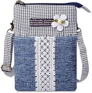 Melofo Canvas Cell Phone Purse Wallet Crossbody Handbags Pastoral Style and White Lace Flowers, Houndstooth Pattern, Small Fresh Lightweight Shoulder Bag with Adjustable Shoulder Strap for Women Girls
