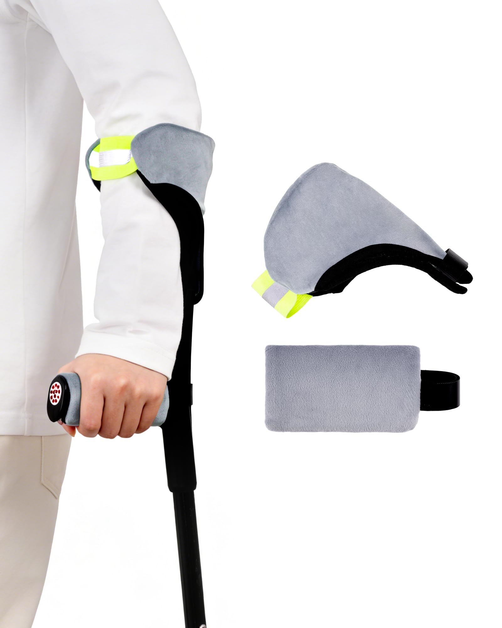 Forearm Crutch Pads and Hand Grip Covers Set (1 Piece) for Open Cuff Crutches - Reflective Strip, Comfort Cushioning, Non-Slip Grip, Breathable & Washable Mobility Aid Accessories (Gray)