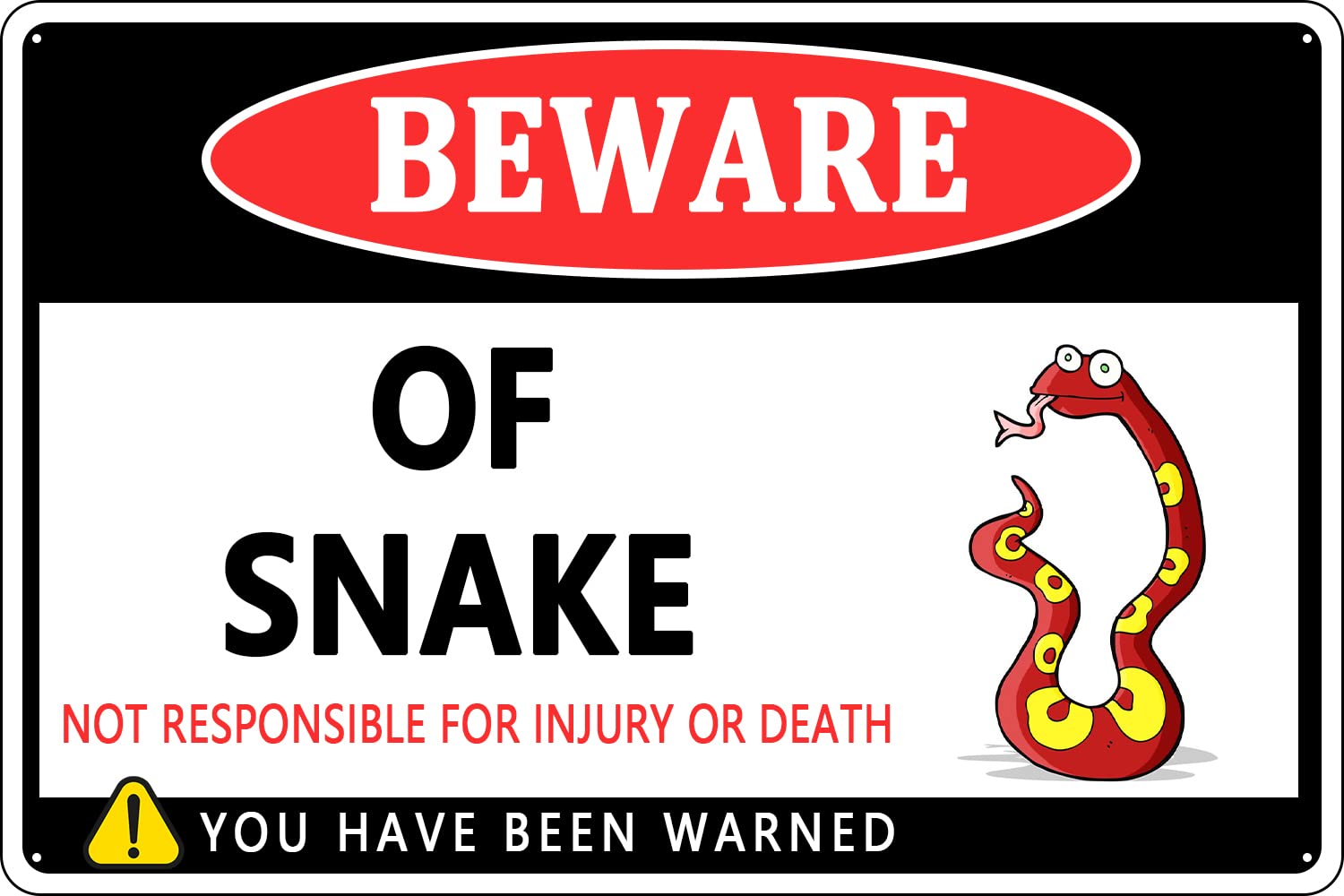 Vintage Metal Tin Sign Beware Of Snake Not Responsible For Injury Or Death Art Home Decor Coffee Shop Warn Retro Novelty Funny Humorous Bar Pub Restaurant Kitchen Tin Sign Wall 8x12 Inch