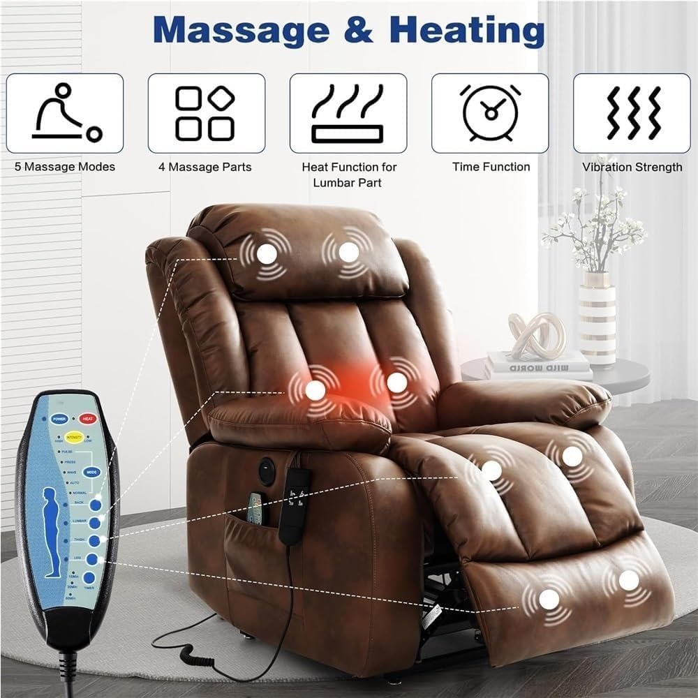 Dual Motor Electric Lift Recliner Chair for Elderly with Massage Heating Infinite Position Lay Flat USB Charging Ports Ochre Genuine Leather Heavy Duty Living Room Sofa