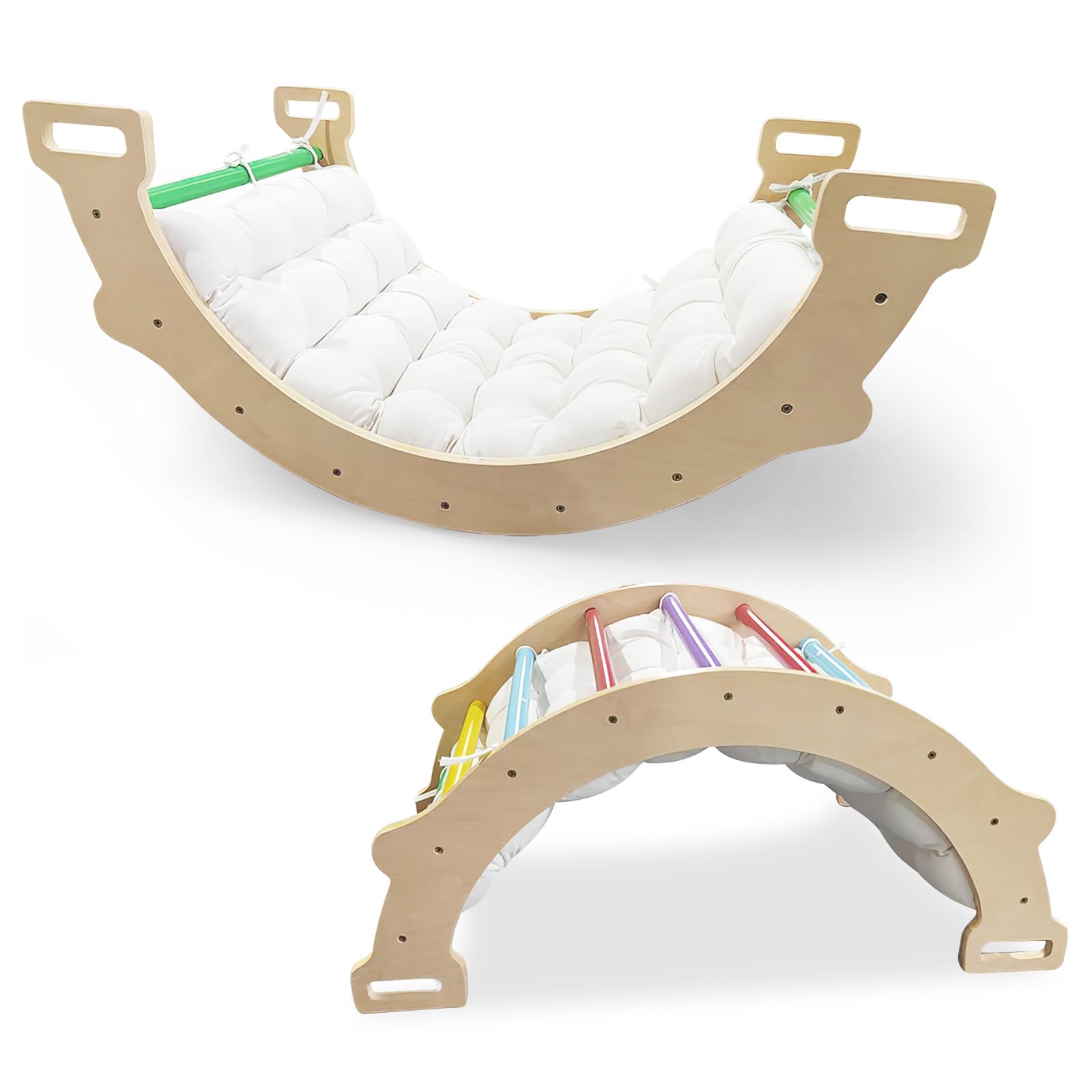 LIFEZEAL 3 en 1 Arche d'escalade en Bois, Carde à Grimper pour Enfants Intérieur, Bateau à Bascule avec Coussin Doux à Double Face, Charge de 50 kg, 1+ Ans,Coloré