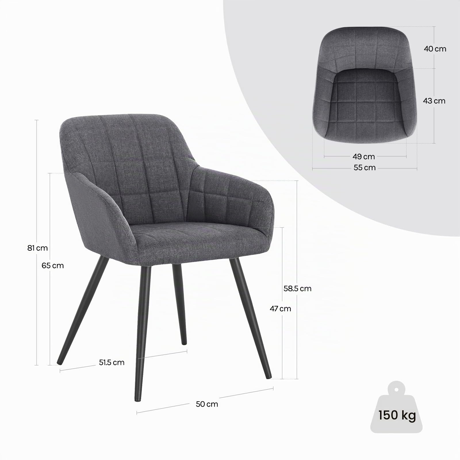WOLTU Juego de 2 Sillas de Comedor,Tapizadas Lino, Gris Oscuro | Vintage,con Reposabrazos,Estructura de Metal