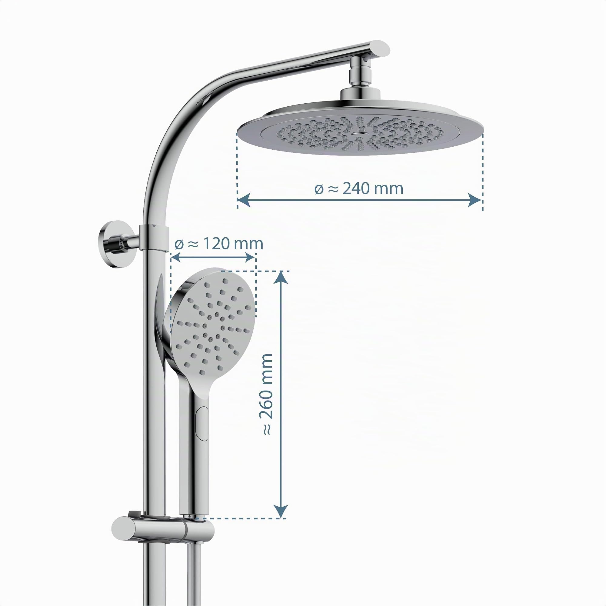 SCHÜTTE MADURA sistema de ducha con termostato, set de ducha con gran rociador de lluvia (Ø 24 cm) y teleducha regulable, set de ducha con barra de ducha, columna de ducha panel de ducha, cromo