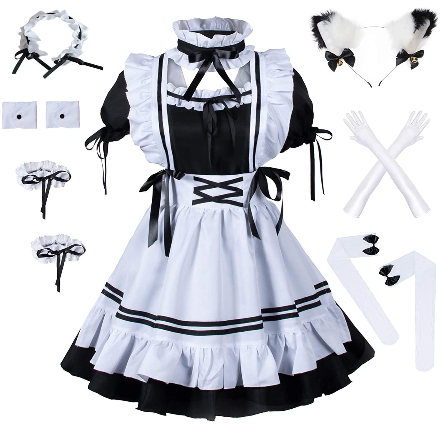 MAYAIO Anime French Sissy Maid Apron Lolita Fancy Dress Uniform Cosplay Costume Furry Cat Ear Gloves Socks Full Set
