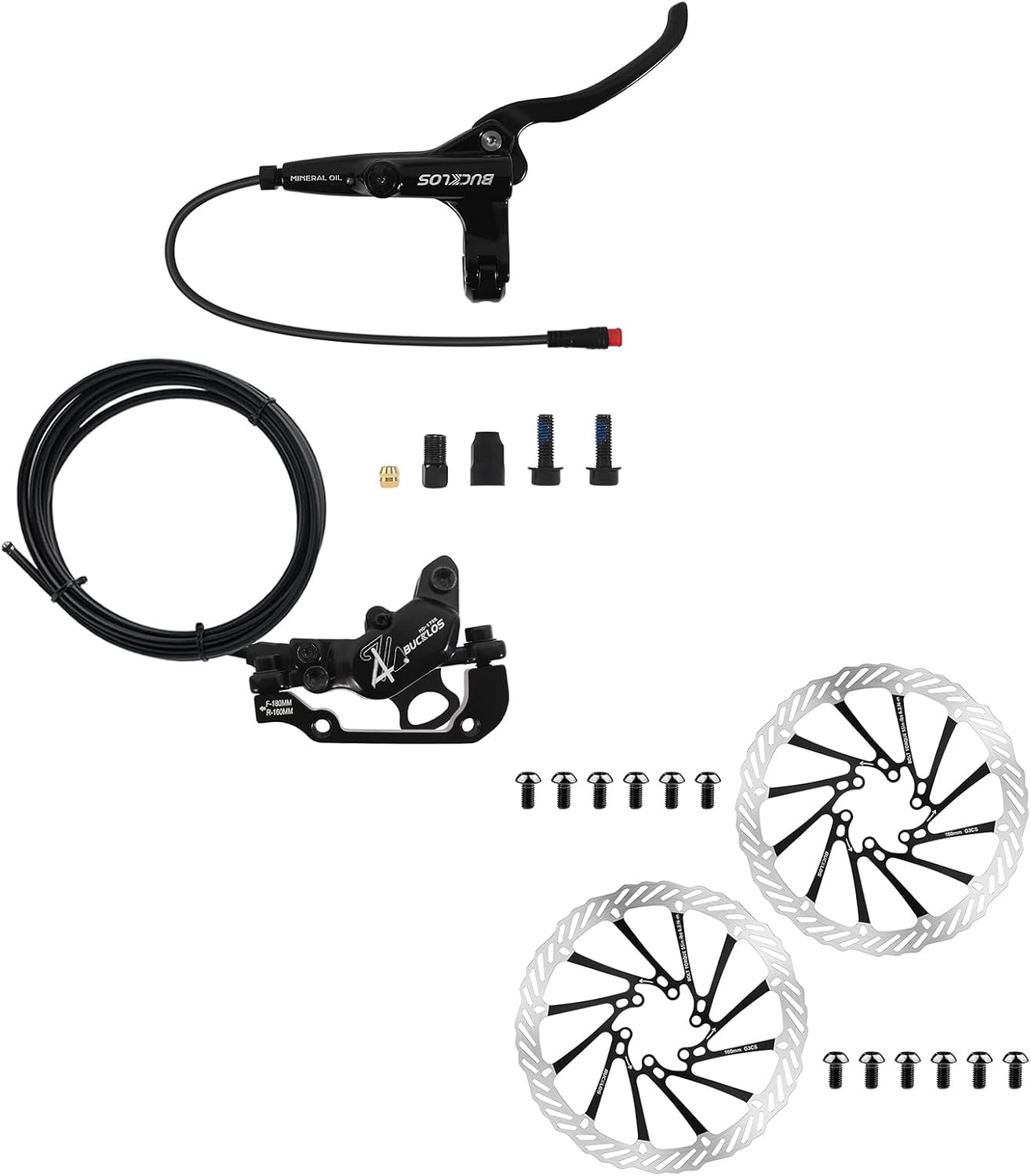 BUCKLOS HD-E375 2-PIN 4 Pistons E-Bike Electric Power Off Hydraulic Disc Brake Right Rear 1950mm and 160mm Bike Disc Brake Rotor with 12 Bolts
