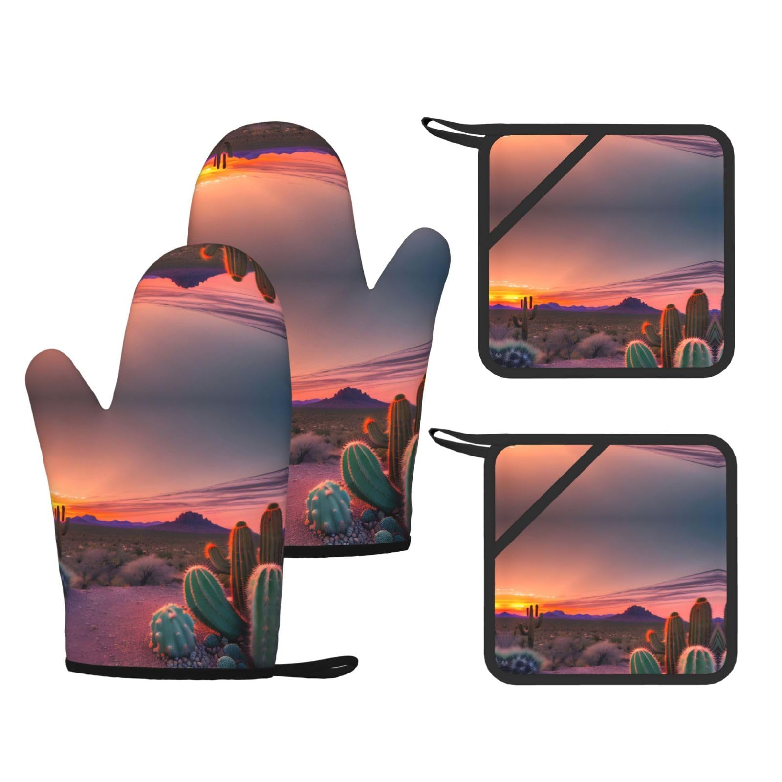 Cactus Desert Sunset Printed Pot Holders and Oven Mitts 4-Piece, Non-Slip Kitchen Gloves with Utensil Pocket for BBQ