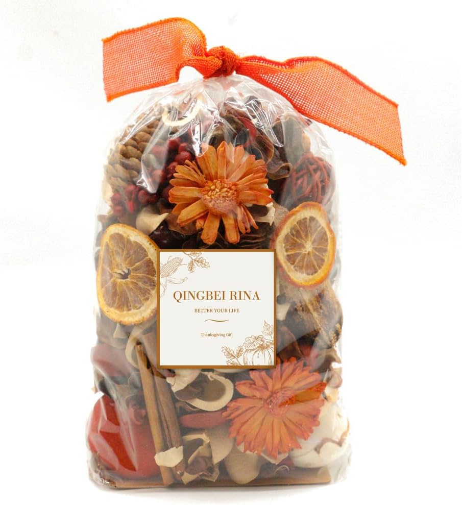 Qingbei Rina Fall Potpourri Bags,Cinnamon Scented Potpourri Bowl Fillers,Orange Thanksgiving Decorative Dried Flowers,Home Fragrance,Autumn Harvest Framhouse Vase Filler,20 oz