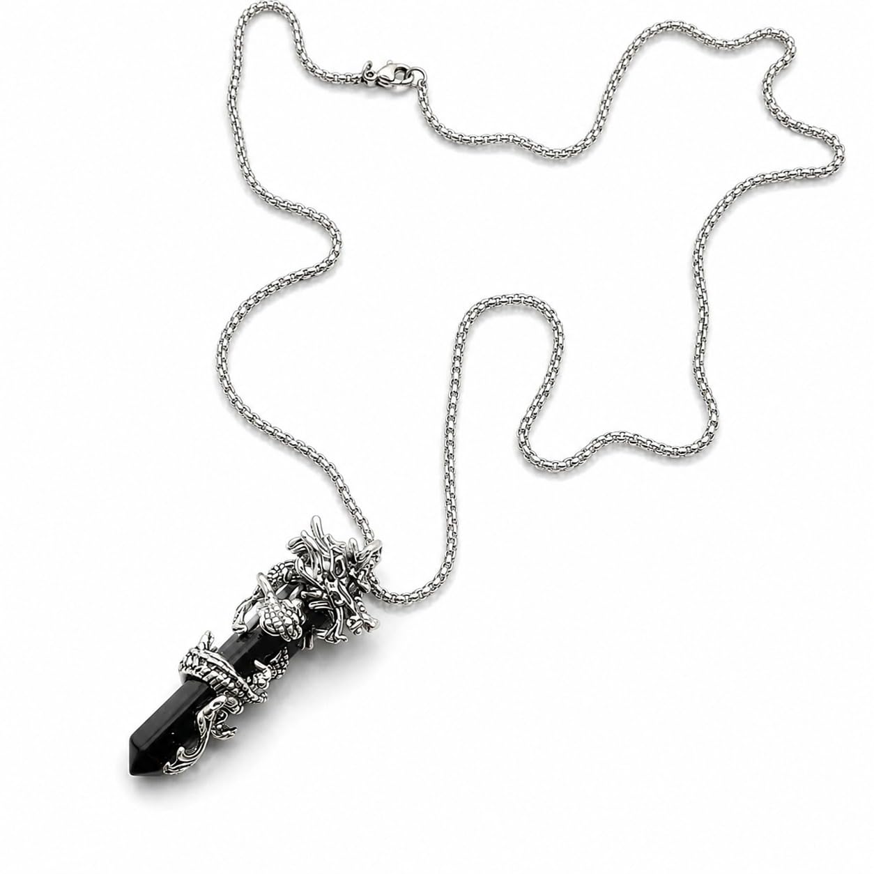 Dragon Wrapped Obsidian Hexagonal Crystal Point Pendant Necklace, Gothic Style, Stainless Steel Chain, Unisex-image-49