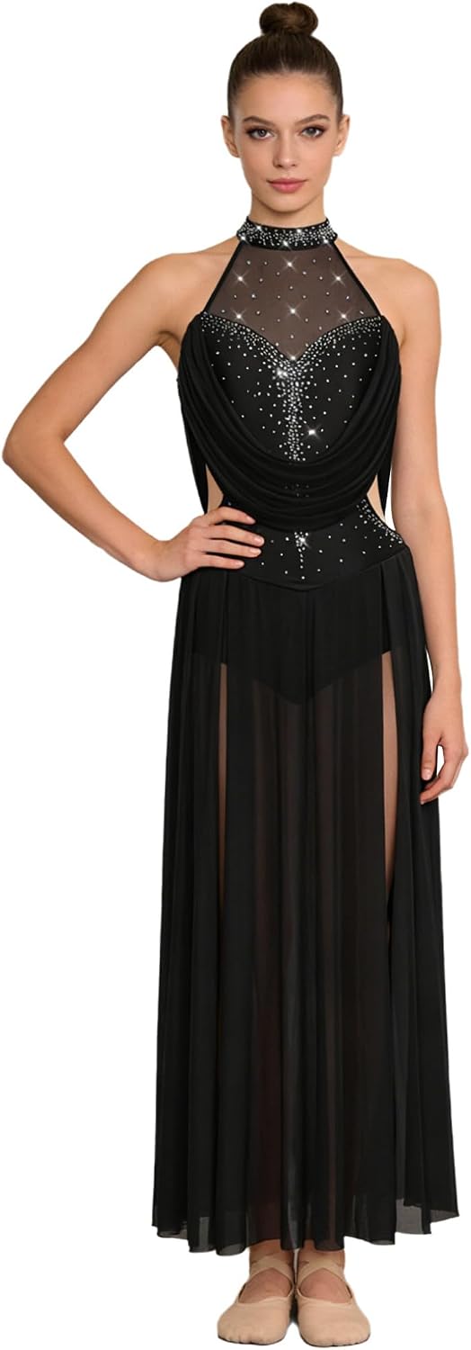 JEATHA Women Lyrical Modern Contemporary Dance Costume Leotard Backless Split Tulle Skirt Flowy Overlay Dress