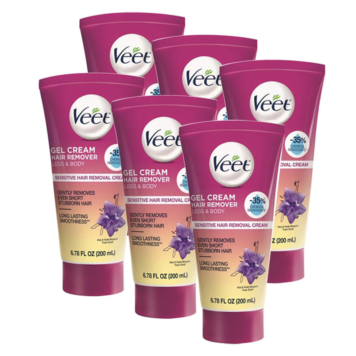 Veet Sensitive Skin Formula with Aloe Vera and Vitamin E, Dermatologically Tested Hair Removal Gel Cream 6.76 Fl Oz. for Legs & Body (6 Pack)