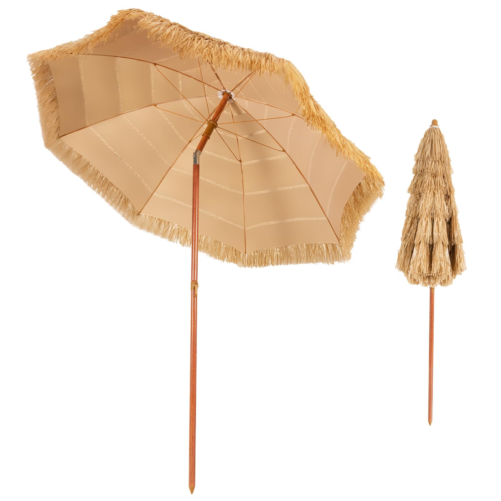 FANTASK Sombrilla Plegable en 30° de 175 cm - Estilo Hawaiano de Paja de Arroz para Balcón, Jardín, Terraza, Playa (Amarillo)