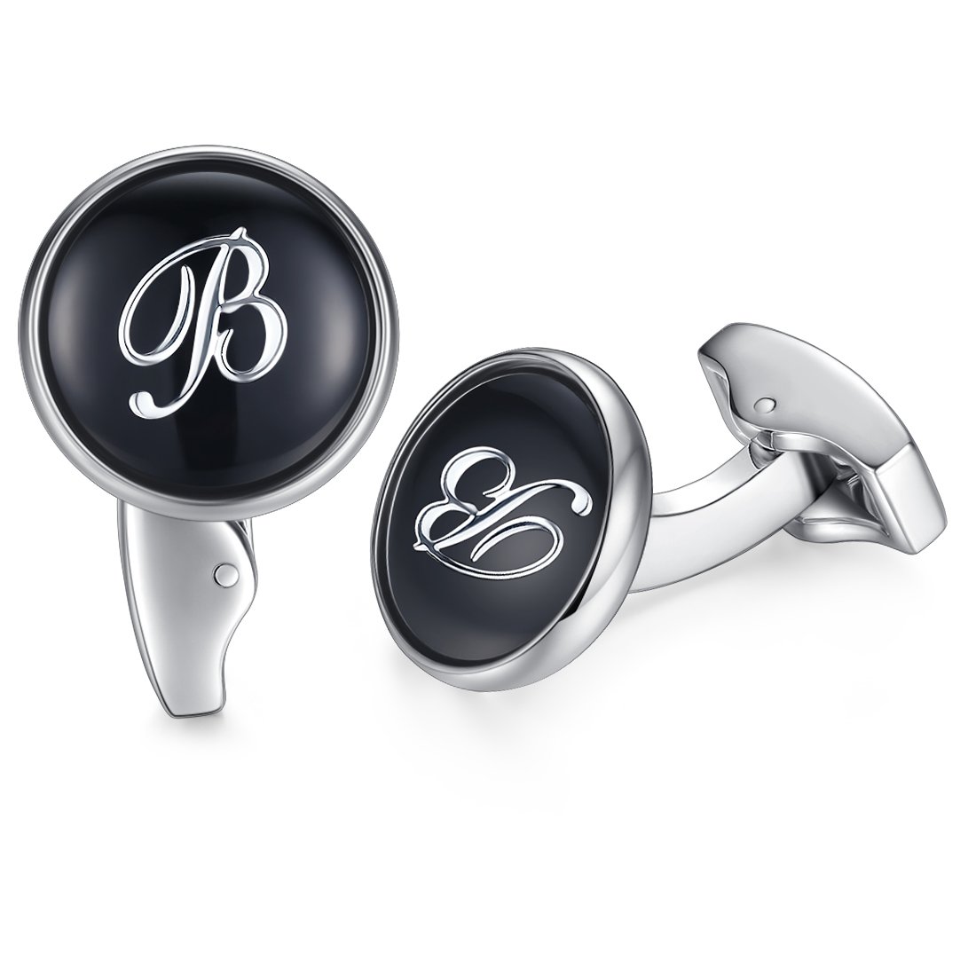 HONEY BEARInitial Alphabet Letter Cufflinks for Men, Black Round Shape Wedding Business Gift A - Z