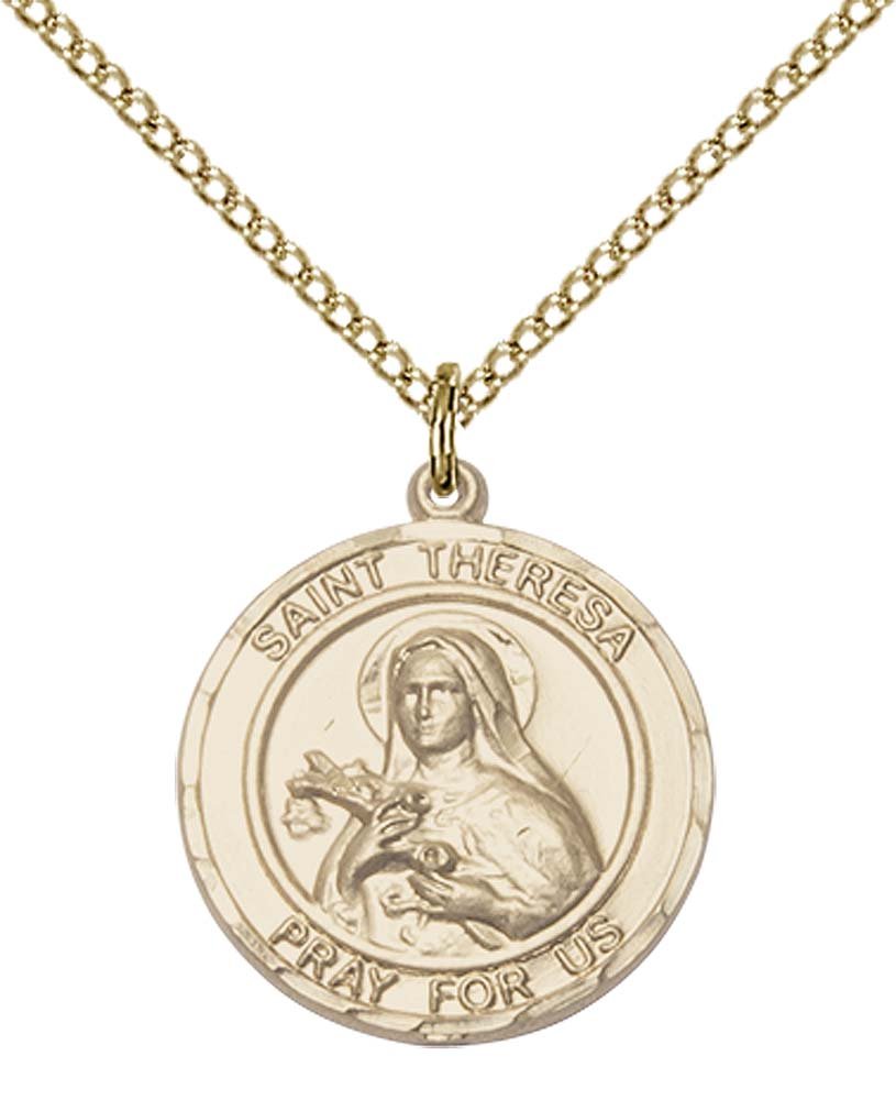 Bonyak Jewelry Saint Medal Collection Gold Filled St. Theresa Pendant 3/4 x 5/8 inches with 18 inch Gold Filled Curb Chain