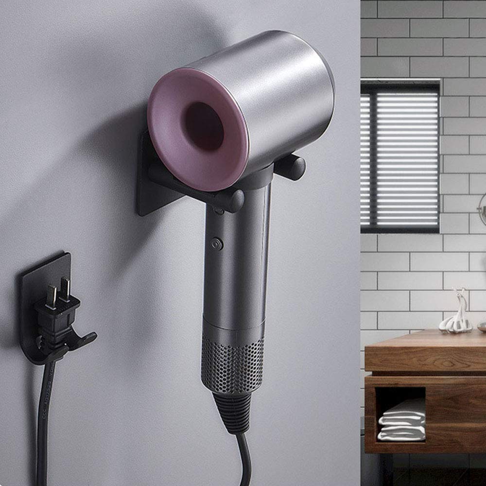 TopHomer Soporte para secador de pelo sin punzones, soporte de pared para secador de pelo, soporte simple de aluminio para baño, dormitorio, baño, barbería-plata+negro