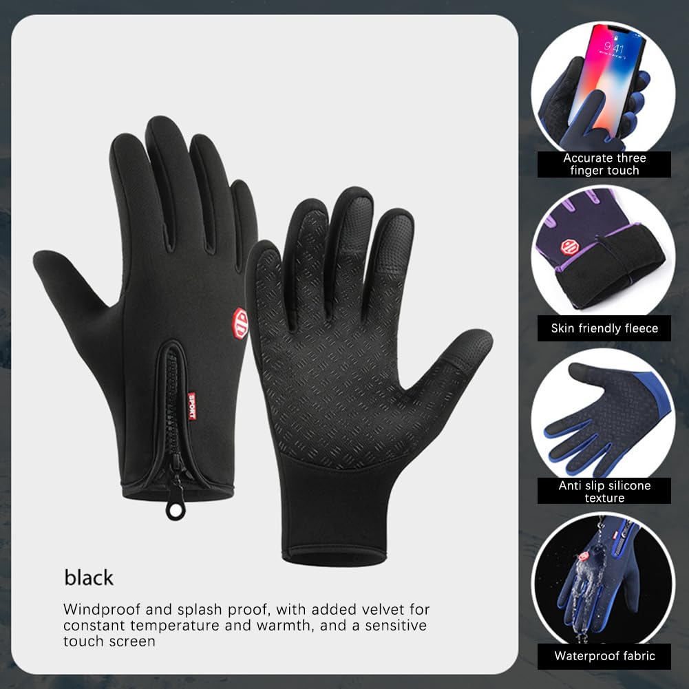 Surakey Men and Women Winter Waterproof Gloves, with Touch Screen Gloves, Windproof Protection Gloves for Running Outdoor, Black