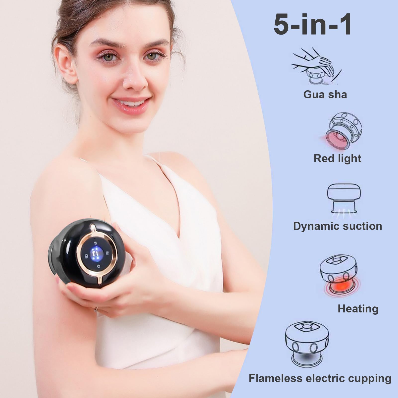 Ventosas Electricas sin Cable, 5-en-1 Masajeador de Vacio con Calor y Luz Roja, 12 Niveles de Succion, Masaje de Amasamiento, Modo Pulso para Relajacion, Hombro Espalda Piernas