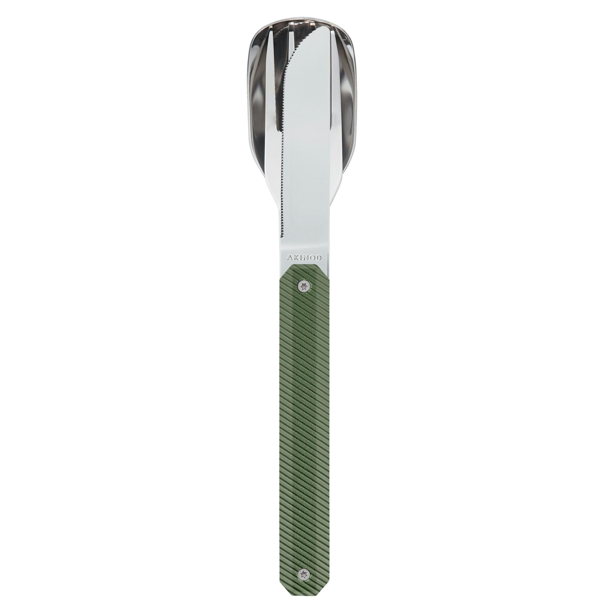Akinod - Couverts 12:34 - Fourchette + Couteau + Cuillère - Assemblage Aimanté - Couverts en Acier Inoxydable Nomades, Compacts, Durables et Élégants - Aluminium kaki