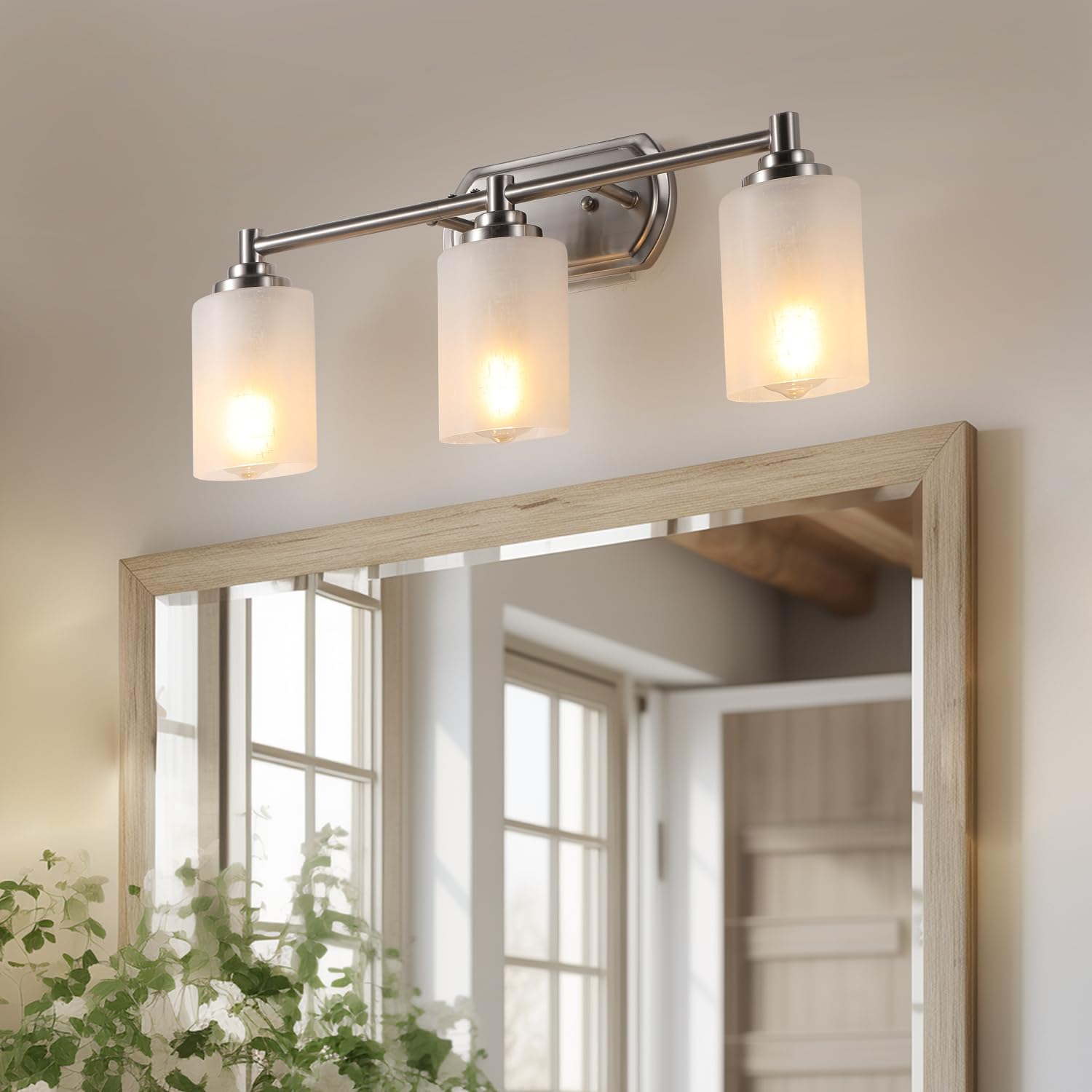 Photo 1 of 22" Bathroom Vanity Light Fixtures, Modern 3 Light Bathroom Vanity Light Brushed Nickel Over Mirror, Wall Sconce Lights with Linen Frosted Glass Shade for Kitchen Living Room 3 lights