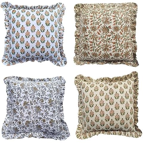 Trade Star Beautiful Hand Block Print Cushion Cover with Soft Frills 100% Cotton Set of 4 Decorative Cushion Cover Indian Traditional Designer Pillow Cover Set Home Fall Decor Throw Pillow Cover Cover