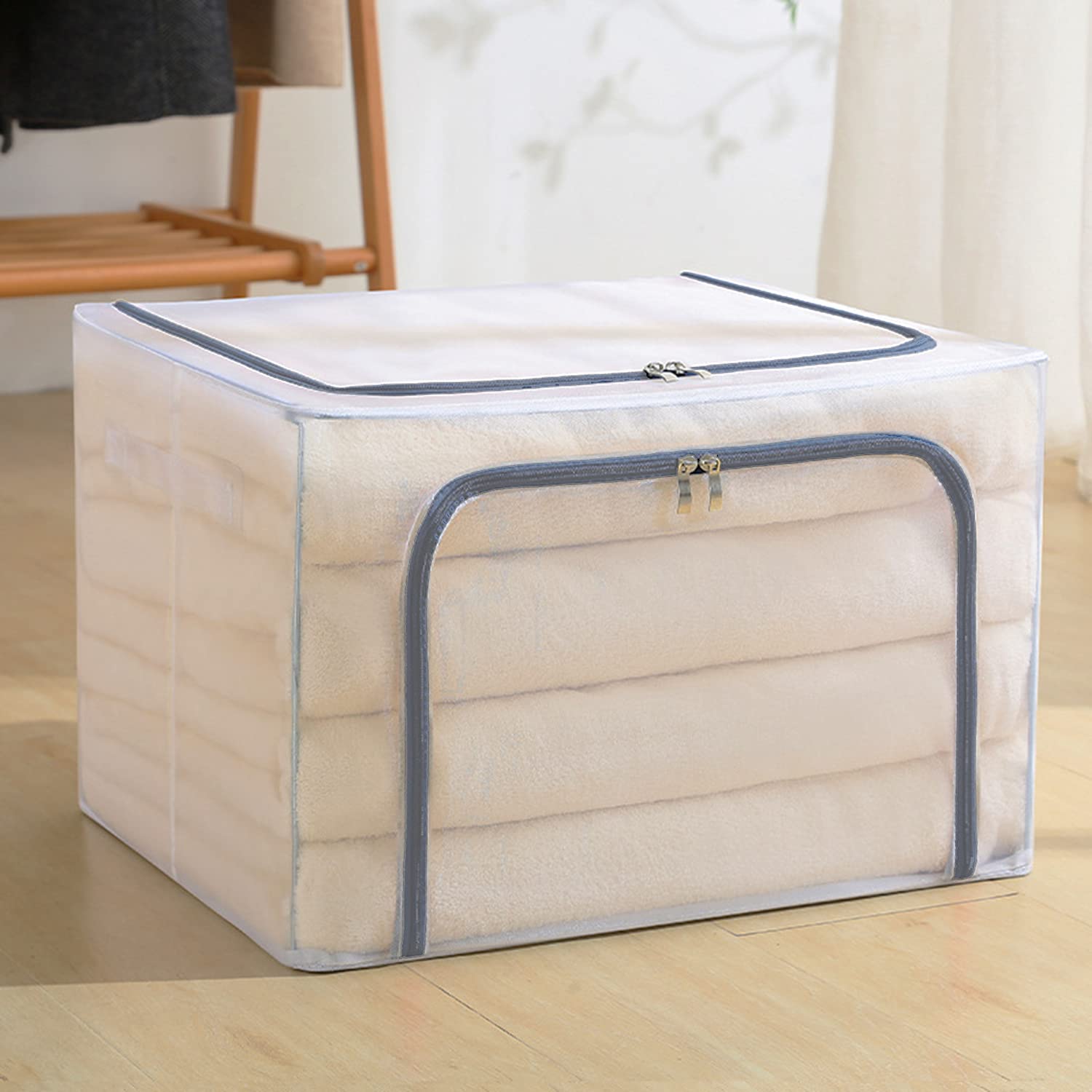 House of Quirk Foldable Storage Box, Large Capacity Clothing Storage Box with Steel Frame Support, Stackable Container Clothing Storage Box (66L - 50 x 40 x 33 CM, Clear Grey)