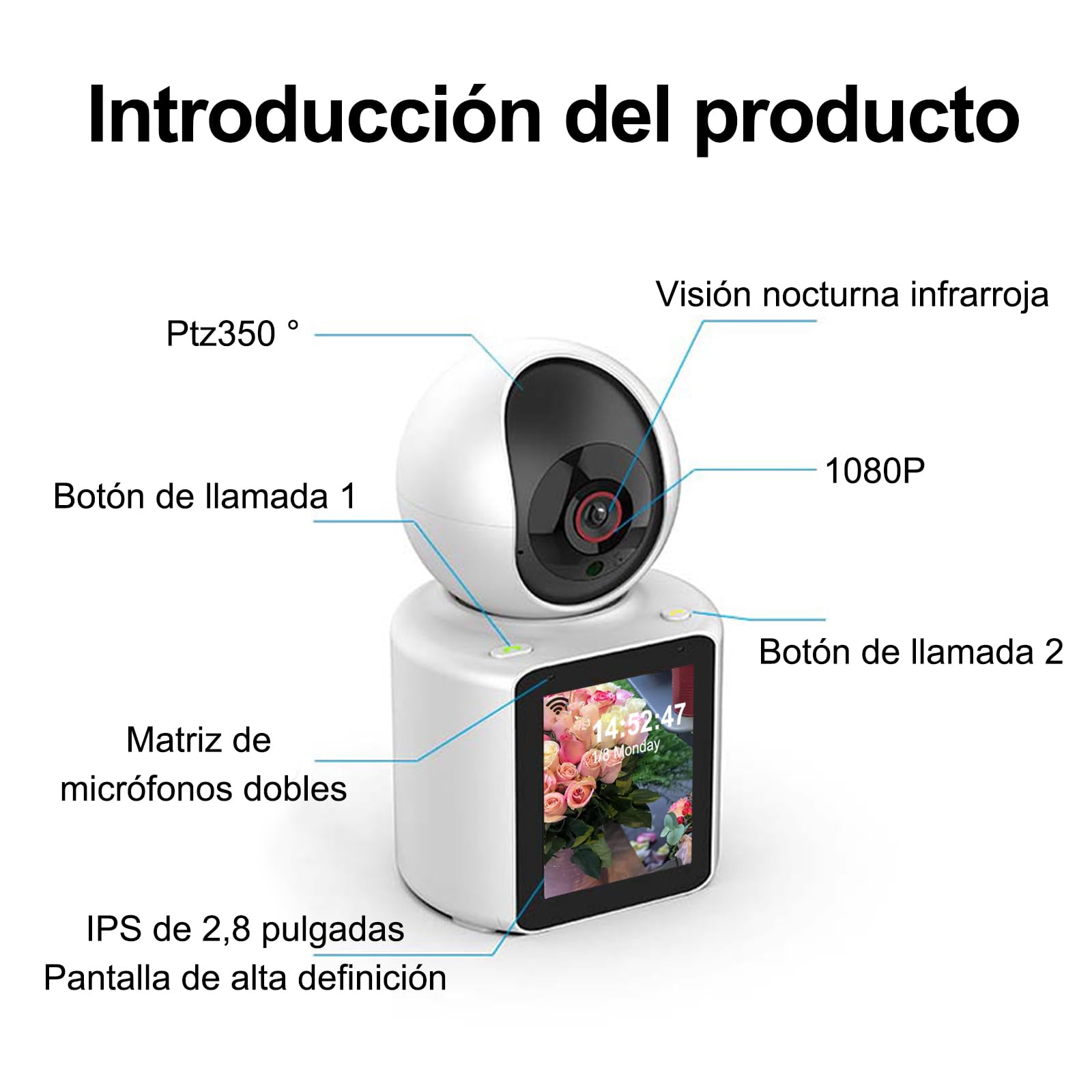 Cámara de Interior orientable, videollamadas, cámara Inteligente, Monitor de bebé, vigilancia de vídeo, Pantalla HD de 2,8 Pulgadas, con Infrarrojos nocturnos
